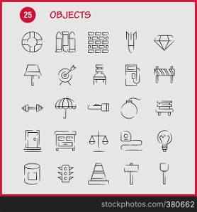 Objects Hand Drawn Icon Pack For Designers And Developers. Icons Of Bulls Eye, Goal, Target, Object, Bulb, Idea, Light, Vector