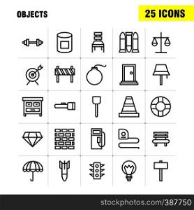 Objects Line Icon Pack For Designers And Developers. Icons Of Bulls Eye, Goal, Target, Object, Bulb, Idea, Light, Vector