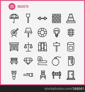 Objects Line Icon Pack For Designers And Developers. Icons Of Bulls Eye, Goal, Target, Object, Bulb, Idea, Light, Vector