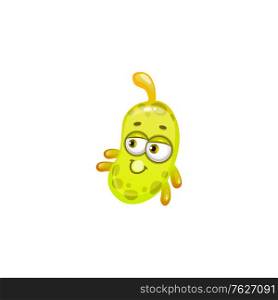 Oblong yellow virus smiling emoticon isolated germ. Vector bacterial hazard attack icon, infection mutant. Comic pandemic bacteria, micro influenza or fever, microbiology organism emoticon. Laughing cartoon oblong virus with spike on head