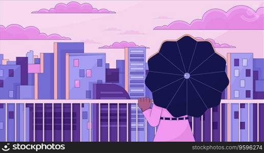 Observation deck lo fi aesthetic wallpaper. Girl on terrace with umbrella looking on city. Sunset 2D vector cartoon cityscape illustration, purple lofi background. 90s retro album art, chill vibes