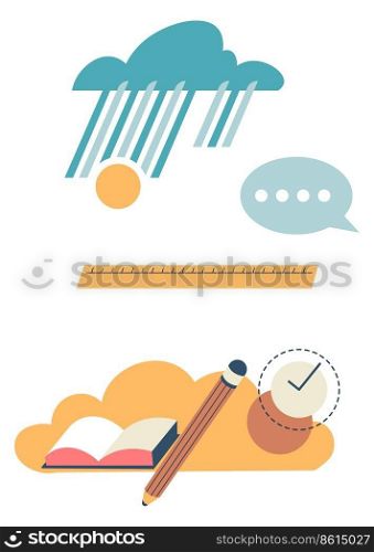 Observation instruments and forecast tools for telling weather. Meteorology measurement and means of work. Cloud with rain shower and sun, ruler and book with pencil to write down. Vector in flat. Meteorology and forecast, observation instruments