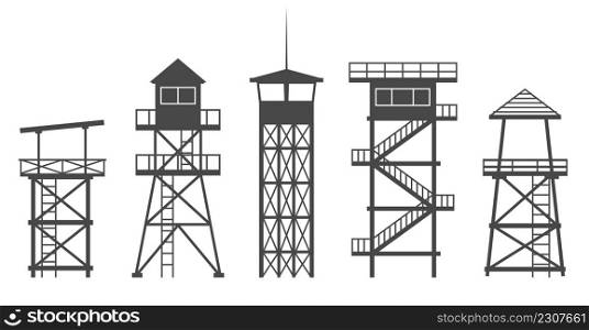 Observation tower in prison, army and for safari hunting. Military camp post silhouette vector illustration. Observation tower in prison, army and for safari hunting. Military camp post silhouette vector illustration.