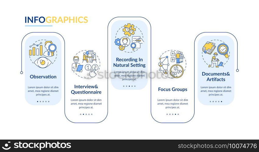 Observation vector infographic template. Documents and artifacts presentation design elements. Data visualization with 5 steps. Process timeline chart. Workflow layout with linear icons. Observation vector infographic template