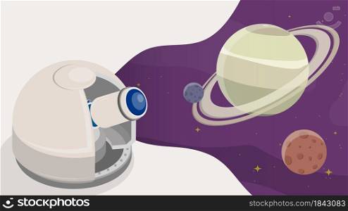 Observatory is watching Satellites on orbit around planet in space. Station for observing space, stars and planets of solar system. Cartoon vector