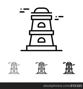 Observatory, Tower, Watchtower Bold and thin black line icon set