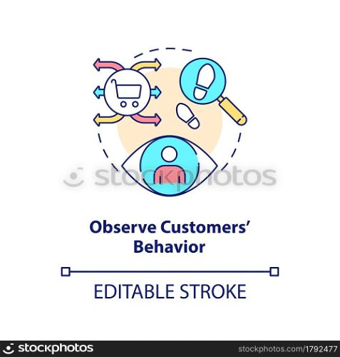 Observe customers behavior concept icon. Individual buying habits. Surveillance systems in marketing abstract idea thin line illustration. Vector isolated outline color drawing. Editable stroke. Observe customers behavior concept icon