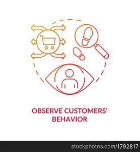 Observe customers behavior red concept icon. Tracking activities research. Shopping interaction. Security camera in retail abstract idea thin line illustration. Vector isolated outline color drawing. Observe customers behavior red concept icon