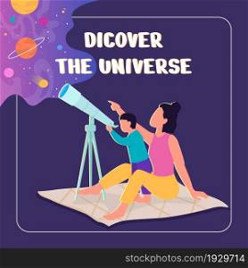 Observe space social media post mockup. Discover universe phrase. Web banner design template. Watch stars with telescope booster, content layout with inscription. Poster, print ads, flat illustration. Observe space social media post mockup