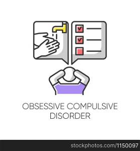 Obsessive-compulsive disorder color icon. Disturbed man. Thinking under pressure. Stress and anxiety. Perfectionist. Mental health issues. Clinical psychology. Isolated vector illustration