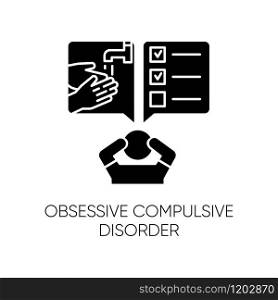 Obsessive-compulsive disorder glyph icon. Disturbed man. Thinking under pressure. Stress, anxiety. Perfectionist. Mental health issues. Silhouette symbol. Negative space. Vector isolated illustration