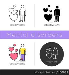 Obsessive love icon. Possessive relationship. Attachment to lover. Extreme behaviour. Compulsive affection. Mental disorder. Flat design, linear and color styles. Isolated vector illustrations