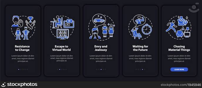 Obstacles to happiness mindset dark onboarding mobile app page screen. Walkthrough 5 steps graphic instructions with concepts. UI, UX, GUI vector template with linear night mode illustrations. Obstacles to happiness mindset dark onboarding mobile app page screen