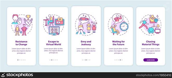 Obstacles to happiness mindset onboarding mobile app page screen. Success barriers walkthrough 5 steps graphic instructions with concepts. UI, UX, GUI vector template with linear color illustrations. Obstacles to happiness mindset onboarding mobile app page screen