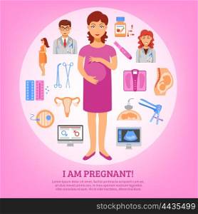 Obstetrics Concept Poster. Medical hospital surgery flat banner composition of women pregnancy vector illustration