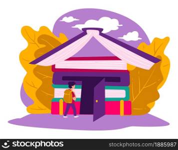 Obtaining knowledge and developing skills in school. Educational establishment, university or college studies. Boy with satchel walking in building made of books, vector in flat style illustration. Educational establishment, kid walking in building of books