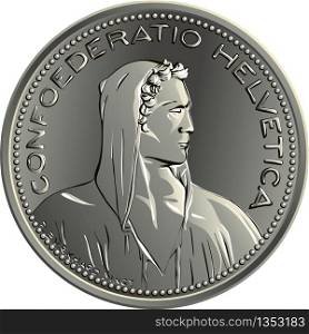 Obverse of 5 Swiss Francs silver coin with Bust of alpine herdsman and legend CONFOEDERATIO HELVETICA, official coin in Switzerland and Liechtenstein. Swiss money 5 Francs silver coin obverse