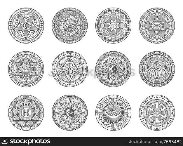Occult, alchemy and astrology icons, occultism and sacred religion mystic symbols. Vector magic eye, masonry pyramid and hand, sun and moon in pentagram, sacred religion and palmistry esoteric signs. Astrology, occult alchemy, masonry esoteric signs