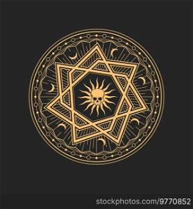 Occult and esoteric pentagram, magical tarot talisman, golden mason symbol with skull, sun and moon. Vector mystic symbol of alchemy and esoteric. Occult magic sign, esoteric pentagram with skull