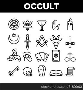 Occult, Demonic Entity Imagery Vector Linear Icons Set. Satanic Rituals, Demonic Beliefs, Superstitions. Deal With Devil, Magic, Mystic, Esoteric Lineart. Occult And Thin Line Illustration. Occult, Demonic Entity Imagery Vector Linear Icons Set