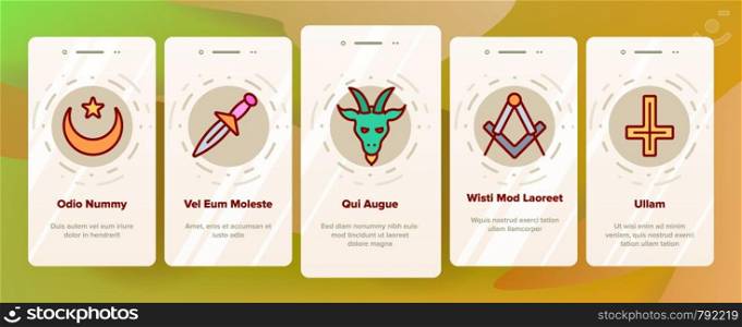 Occult, Demonic Entity Imagery Vector Onboarding Mobile App Page Screen. Satanic Rituals, Demonic Beliefs, Superstitions. Deal With Devil, Magic, Mystic, Esoteric Lineart. Occult Illustration. Occult, Demonic Entity Imagery Vector Onboarding