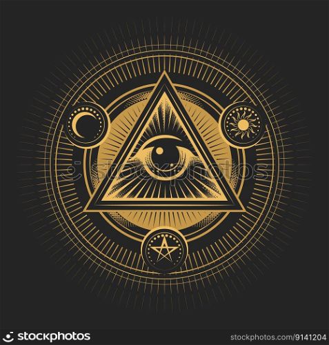 Occult Emblem of Masonic All seeing Eye of Providence  isolated on Black Background. Vector illustration