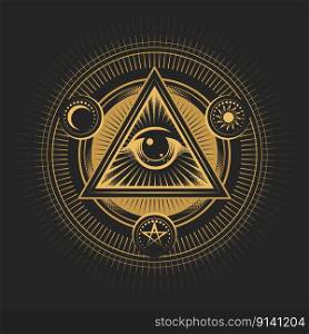 Occult Emblem of Masonic All seeing Eye of Providence  isolated on Black Background. Vector illustration