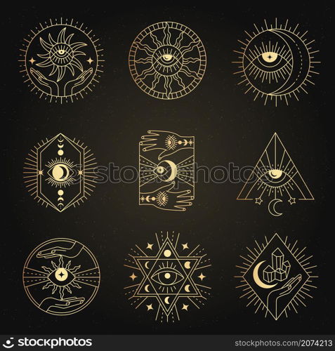 Occult emblems. Meditation alchemy mystical esoterism magic symbols recent vector geometrical line forms for business logotypes collections. Illustration occult sign, geometric religion symbol. Occult emblems. Meditation alchemy mystical esoterism magic symbols recent vector geometrical line forms for business logotypes collections