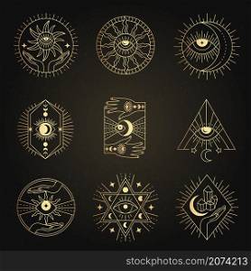 Occult emblems. Meditation alchemy mystical esoterism magic symbols recent vector geometrical line forms for business logotypes collections. Illustration occult sign, geometric religion symbol. Occult emblems. Meditation alchemy mystical esoterism magic symbols recent vector geometrical line forms for business logotypes collections