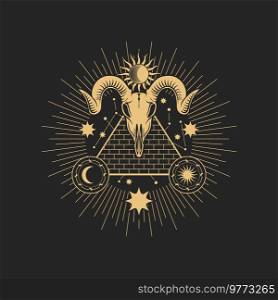 Occult esoteric pentagram sign with goat skull, egyptian pyramid, star with moon and radiant rays Vector mason spiritual magic emblem, isolated alchemy, wicca or pagan symbol. Occult esoteric pentagram sign with goat skull