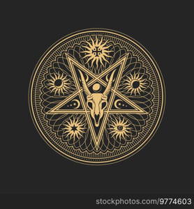 Occult esoteric pentagram sign with goat skull in star with moon phases and sun with radiant rays inside of circle. Vector spiritual magic emblem, isolated alchemy, wicca or pagan symbol. Occult esoteric pentagram sign with goat skull