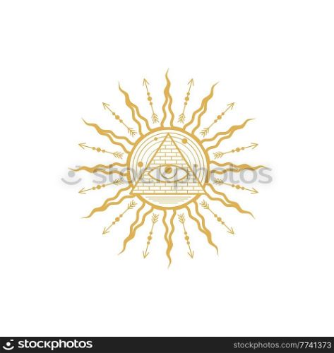 Occult esoteric symbol egyptian all-seeing eye inside of pyramid with solar system planets in sun with radiant rays. Vector spiritual magic emblem, isolated alchemy, wicca or pagan sign. Occult esoteric symbol egyptian all-seeing eye
