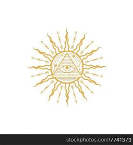 Occult esoteric symbol egyptian all-seeing eye inside of pyramid with solar system planets in sun with radiant rays. Vector spiritual magic emblem, isolated alchemy, wicca or pagan sign. Occult esoteric symbol egyptian all-seeing eye