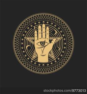 Occult esoteric symbol eye in human hand and pentagram star inside of circle with moon. Spiritual mason or tarot cards symbolic, isolated amulet, alchemy or palmistry sign. Esoteric occult symbol Eye of Providence in palm