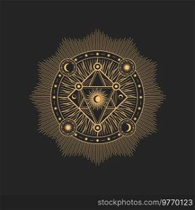 Occult esoteric symbol, magic talisman with moon and star, sun occultism. Vector alchemy magic sign, masonic or freemason mystic amulet. Pentagram star sacred mystic occult talisman sign