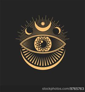 Occult eye and moon, pentagram and sun rays isolated tattoo esoteric symbol, magic tarot sign. Vector sacred occultism talisman, esoteric icon. Magic tarot esoteric sign, occult eye mason symbol