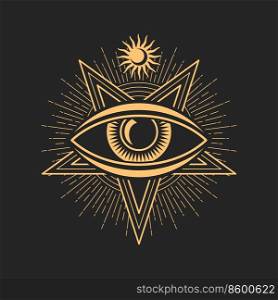 Occult eye and star, isolated tattoo esoteric symbol, magic tarot sign. Vector mason talisman, sun and moon, sacred occultism talisman, esoteric icon. Occult eye, mason and magic tarot esoteric sign