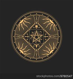 Occult sign, occultism, alchemy and astrology symbol, talisman with pentagram star, sun and moon. Vector sacred religion mystic emblem, esoteric icon. Pentacle wicca star, satanic mason tarot talisman