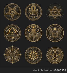 Occult signs, occultism, alchemy and astrology symbols and sacred religion mystic emblems. Vector magic eye, masonry pyramid and scarab, sun and moon in pentagram, egypt ankh esoteric round signs set. Occult signs, occultism, alchemy astrology symbols