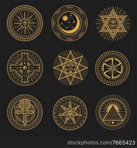 Occult signs, occultism, alchemy and astrology symbols. Vector sacred religion mystic emblems magic eye, masonry pyramid, swastika, sun or moon, constellation, pentagram, egypt ankh esoteric icons set. Occult, occultism, alchemy and astrology signs