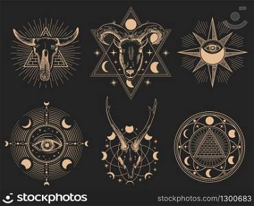 Occult symbols. Vector illustration set. Occult magic tattoo, sacred spirituality esoteric collection, mystic ornament masonic. Occult symbols. Vector illustration set isolated on black