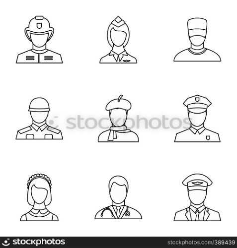 Occupation icons set. Outline illustration of 9 occupation vector icons for web. Occupation icons set, outline style
