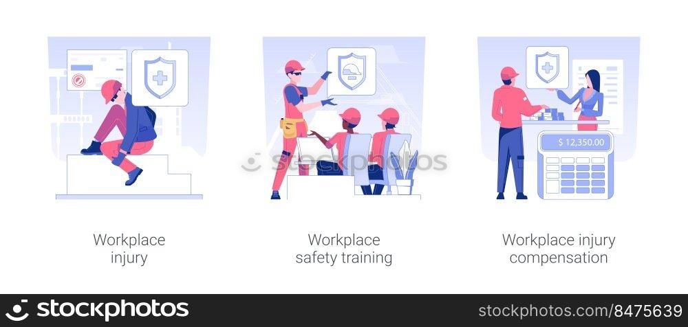 Occupational health isolated concept vector illustration set. Workplace injury, safety training, employee getting injury compensation at work, insurance case, job accident vector cartoon.. Occupational health isolated concept vector illustrations.
