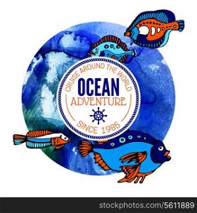 Ocean adventure background. Sea nautical design. Hand drawn watercolor vector illustration