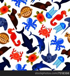 Ocean and sea animals and fishes seamless background. Wallpaper with vector pattern of stylized mosaic icons octopus, crab, jellyfish, hammer fish, seahorse, turtle, seal, dolphin, stingray, flounder. Oceanarium underwater animals and fishes