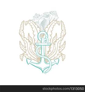 Ocean and sea art, vector sketch line abstract underwater art design. Ocean seashell, ship anchor with rope in algae seaweed, nautical artwork and undersea decoration, tattoo in golden and green line. Ocean underwater, marine anchor, seashell line art