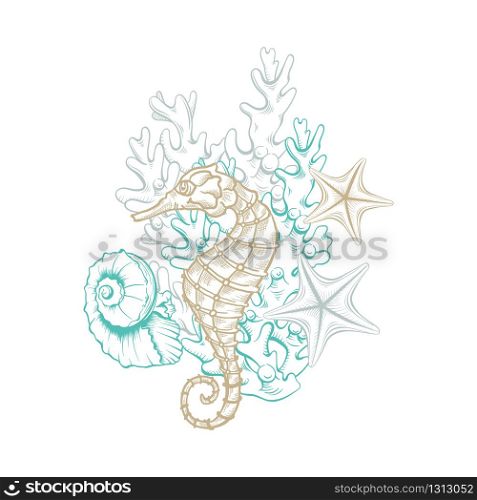 Ocean and sea marine line art, vector seahorse, starfish and seashell in coral reef. Golden sketch line, marine life artwork decoration, hatching style drawing graphics, isolated undersea elements. Marine art line design, sea life decoration design