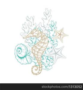 Ocean and sea marine line art, vector seahorse, starfish and seashell in coral reef. Golden sketch line, marine life artwork decoration, hatching style drawing graphics, isolated undersea elements. Marine art line design, sea life decoration design