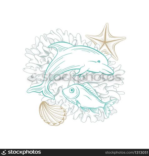 Ocean and sea vector line art, dolphin fish, seashell and starfish in coral reef. Golden sketch line drawing and hatching style marine underwater design, nautical artwork and undersea decoration. Marine art line design, dolphin fish and seashell