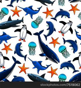 Ocean animals cartoon seamless background. Vector pattern of dolphin, penguin, shark, whale, starfish, swordfish, jellyfish. Wallpaper for children room, bathroom decoration. Ocean animals cartoon seamless background